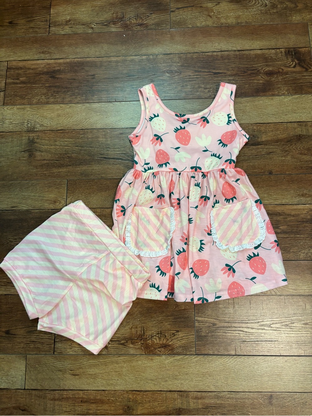 Pink Strawberry Print Girls' Matching Set with Striped Shorts
